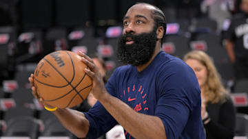 Los Angeles Clippers guard James Harden warms up before Game 4 against the Denver Nuggets.
