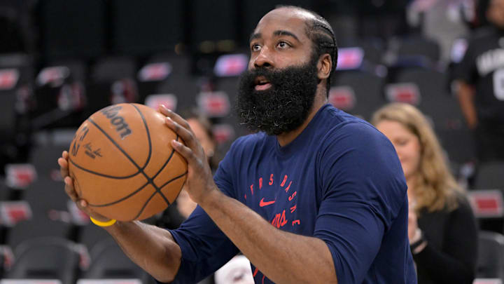 Los Angeles Clippers guard James Harden warms up before Game 4 against the Denver Nuggets. Los Angeles Clippers guard James Harden warms up before Game 4 against the Denver Nuggets.