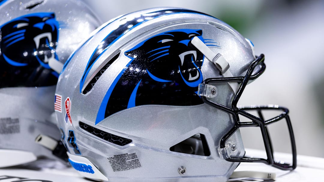 Sep 8, 2024; New Orleans, Louisiana, USA;  Detailed view of the Carolina Panthers helmet against the New Orleans Saints during the pregame at Caesars Superdome.
