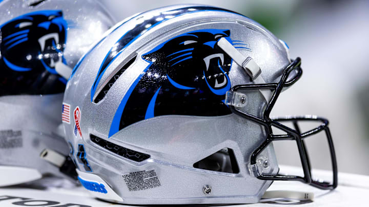 Sep 8, 2024; New Orleans, Louisiana, USA; Detailed view of the Carolina Panthers helmet against the New Orleans Saints during the pregame at Caesars Superdome. Mandatory Credit: Stephen Lew-Imagn Images Sep 8, 2024; New Orleans, Louisiana, USA; Detailed view of the Carolina Panthers helmet against the New Orleans Saints during the pregame at Caesars Superdome. Mandatory Credit: Stephen Lew-Imagn Images
