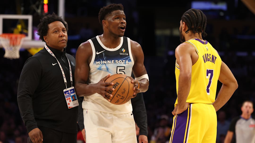 Feb 27, 2025; Los Angeles, California, USA; Minnesota Timberwolves guard Anthony Edwards (5) reacts after being ejected during the third quarter against the Los Angeles Lakers at Crypto.com Arena. Mandatory Credit: Jason Parkhurst-Imagn Images Feb 27, 2025; Los Angeles, California, USA; Minnesota Timberwolves guard Anthony Edwards (5) reacts after being ejected during the third quarter against the Los Angeles Lakers at Crypto.com Arena. Mandatory Credit: Jason Parkhurst-Imagn Images