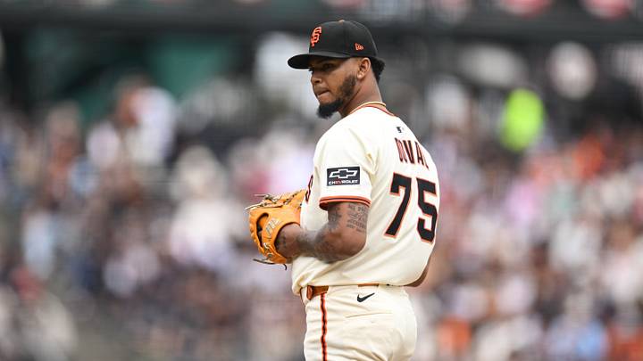 Jul 30, 2025; San Francisco, California, USA; San Francisco Giants pitcher Camilo Doval (75) looks on against the Pittsburgh Pirates in the ninth inning at Oracle Park. Mandatory Credit: Eakin Howard-Imagn Images