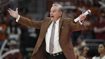 Mar 2, 2025; Austin, Texas, USA; Texas Longhorns head coach Vic Schaefer yells out to players during the second half against the Florida Gators at Moody Center. Mandatory Credit: Scott Wachter-Imagn Images