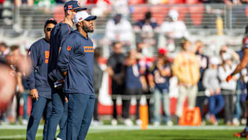 Dec 8, 2024; Santa Clara, California, USA; Chicago Bears interim head coach Thomas Brown watches his team during warmups before the game against the San Francisco 49ers at Levi's Stadium. Mandatory Credit: Bob Kupbens-Imagn Images