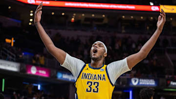 Mar 20, 2025; Indianapolis, Indiana, USA; Indiana Pacers center Myles Turner (33) celebrates the win after game against the Brooklyn Nets at Gainbridge Fieldhouse. Mandatory Credit: Trevor Ruszkowski-Imagn Images