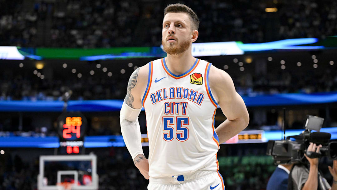 Oct 27, 2025; Dallas, Texas, USA; Oklahoma City Thunder center Isaiah Hartenstein (55) looks on during the game between the Mavericks and the Thunder at the American Airlines Center. Mandatory Credit: Jerome Miron-Imagn Images