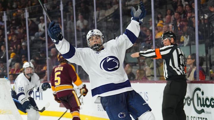 Oct 3, 2025; Tempe, AZ, USA; Penn State Nittany Lions forward Charlie Cerrato (15) celebrates a goal against the Arizona State Sun Devils during the third period at Mullett Arena. Mandatory Credit: Joe Camporeale-Imagn Images