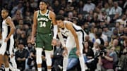 Jan 31, 2025; San Antonio, Texas, USA; Milwaukee Bucks forward Giannis Antetokounmpo (34) and San Antonio Spurs center Victor Wembanyama (1) during the first half at Frost Bank Center. Mandatory Credit: Scott Wachter-Imagn Images