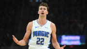 May 5, 2024; Cleveland, Ohio, USA; Orlando Magic forward Franz Wagner (22) reacts to a call during