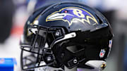 General view of a Baltimore Ravens helmet prior to the game against the Green Bay Packers at Lambeau Field.