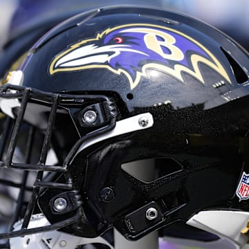 Aug 24, 2024; Green Bay, Wisconsin, USA;  General view of a Baltimore Ravens helmet prior to the game against the Green Bay Packers at Lambeau Field. Mandatory Credit: Jeff Hanisch-Imagn Images