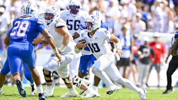 Sep 20, 2025; Fort Worth, Texas, USA; TCU Horned Frogs quarterback Josh Hoover (10) runs with the ball during the second half against the SMU Mustangs at Amon G. Carter Stadium. Mandatory Credit: Jerome Miron-Imagn Images