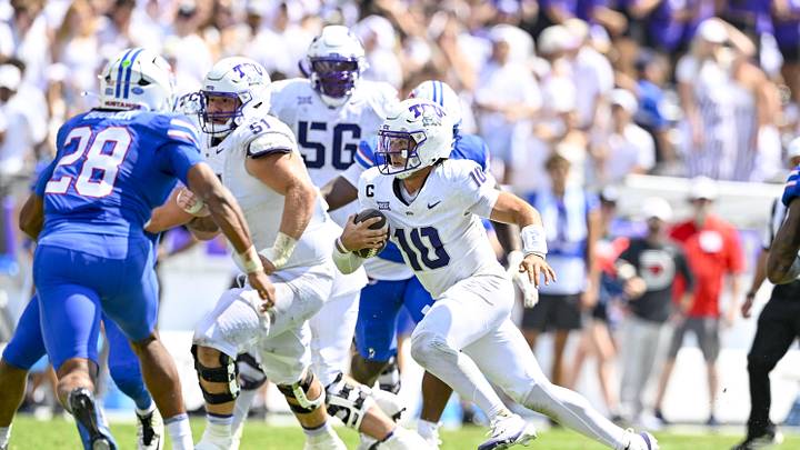 Sep 20, 2025; Fort Worth, Texas, USA; TCU Horned Frogs quarterback Josh Hoover (10) runs with the ball during the second half against the SMU Mustangs at Amon G. Carter Stadium. Mandatory Credit: Jerome Miron-Imagn Images
