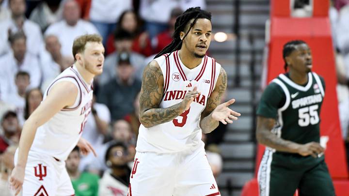 Mar 1, 2026; Bloomington, Indiana, USA; Indiana Hoosiers guard Lamar Wilkerson (3) celebrates after a play against the Michigan State Spartans during the first half at Simon Skjodt Assembly Hall. Mandatory Credit: Robert Goddin-Imagn Images