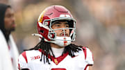 Sep 13, 2025; West Lafayette, Indiana, USA; Southern California Trojans wide receiver Makai Lemon (6) warms up before the game against the Purdue Boilermakers at Ross-Ade Stadium. Mandatory Credit: Marc Lebryk-Imagn Images