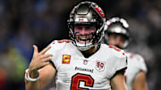Oct 20, 2025; Detroit, Michigan, USA; Tampa Bay Buccaneers quarterback Baker Mayfield (6) Mandatory Credit: Lon Horwedel-Imagn Images
