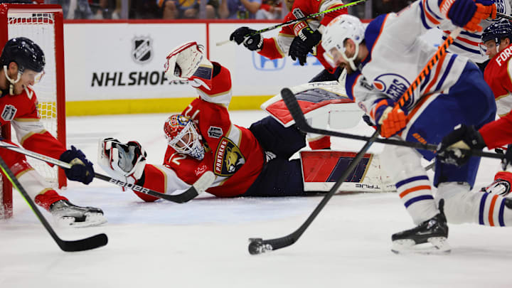 Jun 24, 2024; Sunrise, Florida, USA; Florida Panthers goaltender Sergei Bobrovsky (72) defend against Edmonton Oilers during the third period in game seven of the 2024 Stanley Cup Final at Amerant Bank Arena. Mandatory Credit: Sam Navarro-Imagn Images