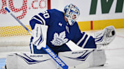 Sep 22, 2024; Toronto, Ontario, CAN;  Toronto Maple Leafs goalie Joseph Woll (60) warms up before playing the Ottawa Senators at Scotiabank Arena. Mandatory Credit: Dan Hamilton-Imagn Images