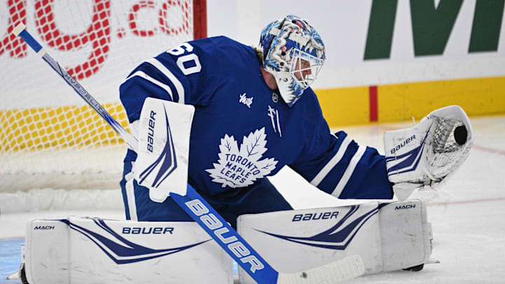 Sep 22, 2024; Toronto, Ontario, CAN;  Toronto Maple Leafs goalie Joseph Woll (60) warms up before playing the Ottawa Senators at Scotiabank Arena. Mandatory Credit: Dan Hamilton-Imagn Images