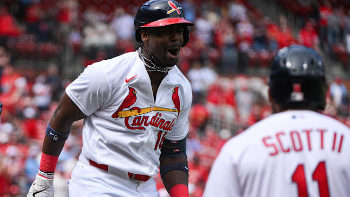 Mar 29, 2026; St. Louis, Missouri, USA; St. Louis Cardinals right fielder Jordan Walker (18) reacts after hitting a two run home run against the Tampa Bay Rays during the fourth inning at Busch Stadium. Mandatory Credit: Jeff Curry-Imagn Images