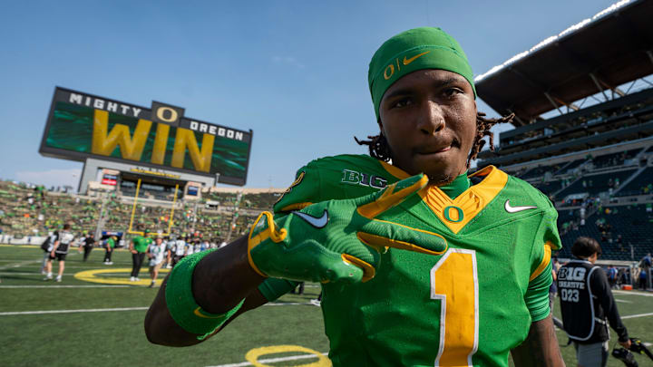 Oregon wide receiver Dakorien Moore celebrates the Ducks’ win as the Oregon Ducks host the Oklahoma State Cowboys on Sept. 6, 2025, at Autzen Stadium in Eugene, Oregon.