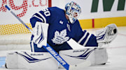 Sep 22, 2024; Toronto, Ontario, CAN;  Toronto Maple Leafs goalie Joseph Woll (60) warms up before playing the Ottawa Senators at Scotiabank Arena. Mandatory Credit: Dan Hamilton-Imagn Images