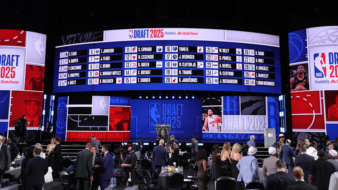 Jun 25, 2025; Brooklyn, NY, USA; General view after the first round of the 2025 NBA Draft at Barclays Center. Mandatory Credit: Brad Penner-Imagn Images Jun 25, 2025; Brooklyn, NY, USA; General view after the first round of the 2025 NBA Draft at Barclays Center. Mandatory Credit: Brad Penner-Imagn Images
