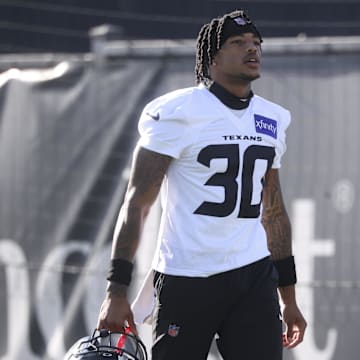 Jul 23, 2025; Houston, TX, USA;  Houston Texans cornerback Jaylin Smith (30) during training camp at Houston Methodist Training Center. Mandatory Credit: Troy Taormina-Imagn Images