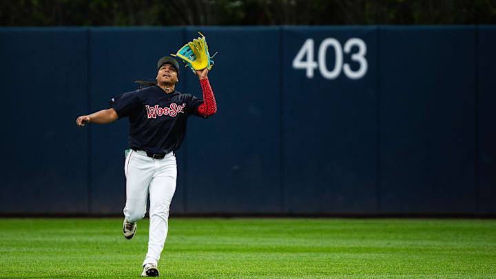 Jhostynxon Garcia catches a ball during his first Triple-A game with the Worcester Red Sox on May 20, 2025 at Polar Park.