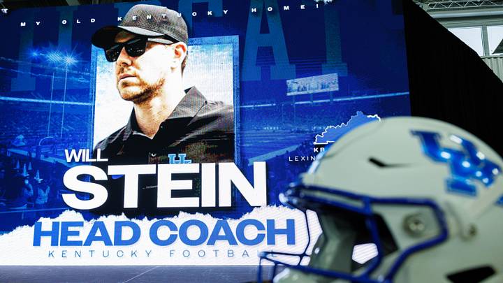 Dec 3, 2025; Lexington, KY, USA; The stage is set for the introductory press conference for head football coach Will Stein at Nutter Field House. Mandatory Credit: Jordan Prather-Imagn Images