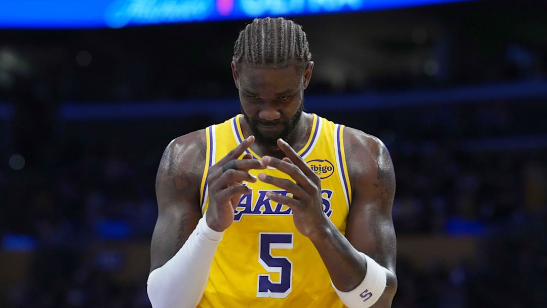 Oct 24, 2025; Los Angeles, California, USA; Los Angeles Lakers center Deandre Ayton (5) reacts in the first half against the Minnesota Timberwolves at Crypto.com Arena. Mandatory Credit: Kirby Lee-Imagn Images