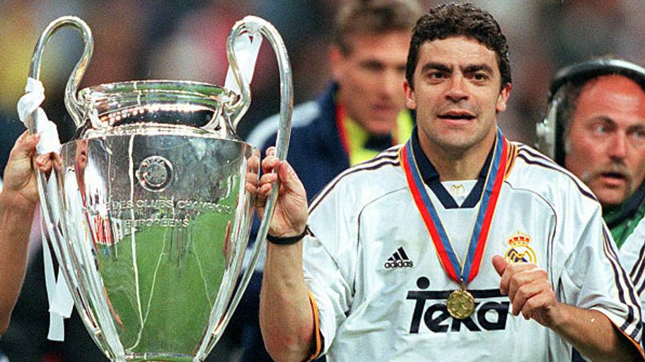 Manolo Sanchís (right) lifts the Champions League alongside Fernando Redondo