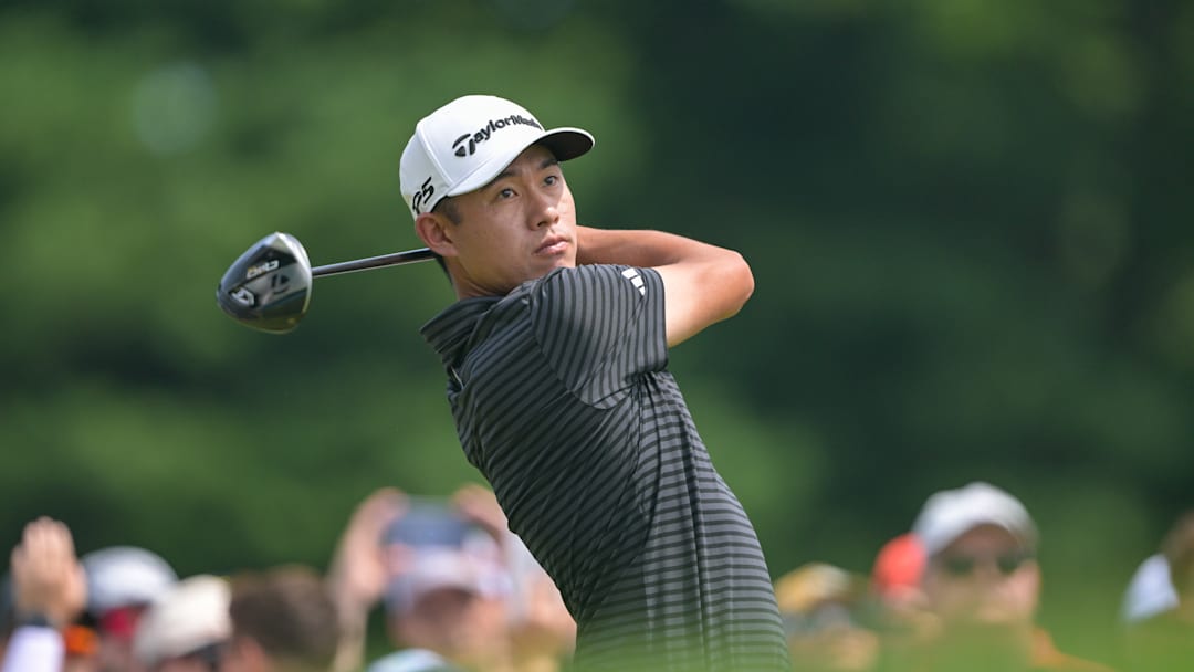 Collin Morikawa tees off during the final round of the 2025 Travelers Championship at TPC River Highlands