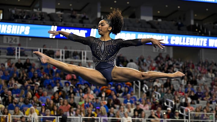 Apr 20, 2024; Fort Worth, TX, USA; University of California Golden Bears gymnast eMjae Frazier performs on floor exercise during the 2024 Womens National Gymnastics Championship at Dickies Arena. Mandatory Credit: Jerome Miron-Imagn Images