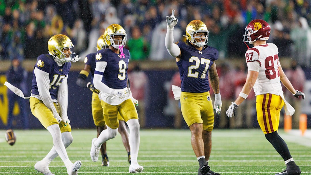 Notre Dame linebacker Kyngstonn Viliamu-Asa (27) celebrates after getting a stop on fourth down in the second half of a NCAA football game against Southern California at Notre Dame Stadium on Saturday, Oct. 18, 2025, in South Bend.