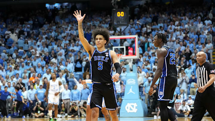 Mar 4, 2023; Chapel Hill, North Carolina, USA;  Duke basketball guard Tyrese Proctor (5) reacts after winning the game at Dean E. Smith Center. 