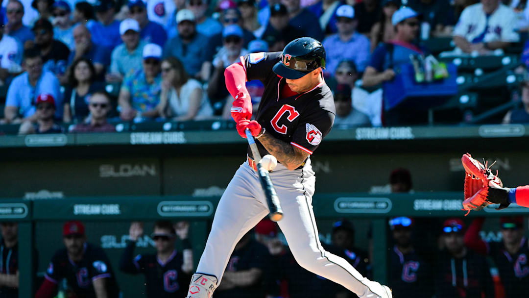 Feb 27, 2026; Mesa, Arizona, USA; Cleveland Guardians shortstop Brayan Rocchio (4) breaks his bat in the first inning against the Chicago Cubs at Sloan Park. Mandatory Credit: Matt Kartozian-Imagn Images