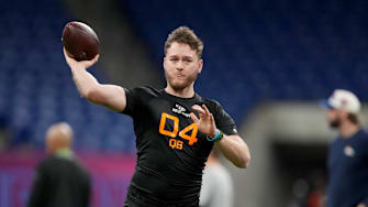 Texas quarterback Quinn Ewers (QB04) during the 2025 NFL Combine at Lucas Oil Stadium. 