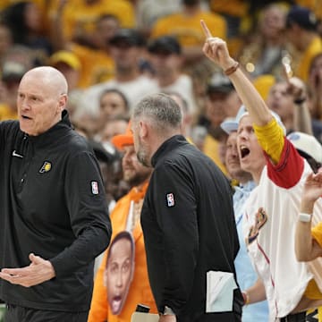 Jun 13, 2025; Indianapolis, Indiana, USA; Indiana Pacers head coach Rick Carlisle reacts after a play against the Oklahoma City Thunder during the first half during game four of the 2025 NBA Finals at Gainbridge Fieldhouse. Mandatory Credit: Kyle Terada-Imagn Images