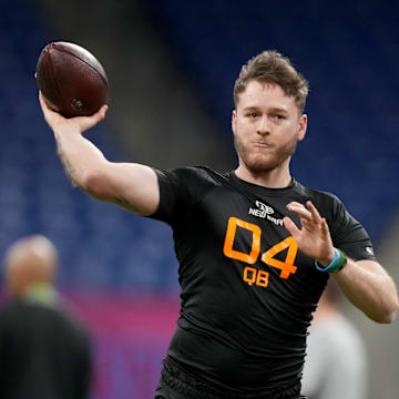 Mar 1, 2025; Indianapolis, IN, USA; Texas quarterback Quinn Ewers (QB04) during the 2025 NFL Combine at Lucas Oil Stadium. Mandatory Credit: Kirby Lee-Imagn Images