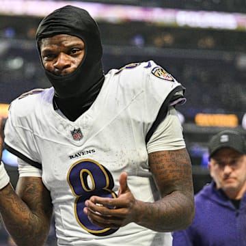 Nov 9, 2025; Minneapolis, Minnesota, USA; Baltimore Ravens quarterback Lamar Jackson (8) comes off the field after the game against the Minnesota Vikings at U.S. Bank Stadium. Mandatory Credit: Jeffrey Becker-Imagn Images
