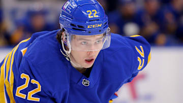 Mar 27, 2025; Buffalo, New York, USA;  Buffalo Sabres right wing Jack Quinn (22) waits for the face-off during the second period against the Pittsburgh Penguins at KeyBank Center. Mandatory Credit: Timothy T. Ludwig-Imagn Images