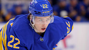 Mar 27, 2025; Buffalo, New York, USA;  Buffalo Sabres right wing Jack Quinn (22) waits for the face-off during the second period against the Pittsburgh Penguins at KeyBank Center. Mandatory Credit: Timothy T. Ludwig-Imagn Images