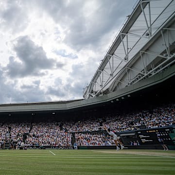 General view of Centre Court during the Carlos Alcaraz of Spain and Novak Djokovic of Serbia men’s singles final on day 14 at All England Lawn Tennis and Croquet Club. 