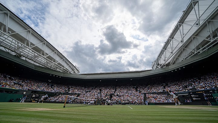 General view of Centre Court during the Carlos Alcaraz of Spain and Novak Djokovic of Serbia men’s singles final on day 14 at All England Lawn Tennis and Croquet Club. General view of Centre Court during the Carlos Alcaraz of Spain and Novak Djokovic of Serbia men’s singles final on day 14 at All England Lawn Tennis and Croquet Club.