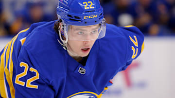 Mar 27, 2025; Buffalo, New York, USA;  Buffalo Sabres right wing Jack Quinn (22) waits for the face-off during the second period against the Pittsburgh Penguins at KeyBank Center. Mandatory Credit: Timothy T. Ludwig-Imagn Images