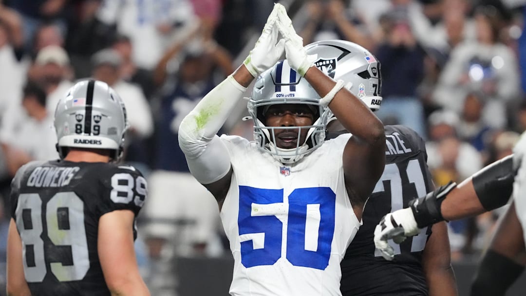 Dallas Cowboys linebacker Shemar James (50) reacts after scoring a safety against the Las Vegas Raiders during the second half at Allegiant Stadium.