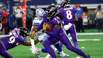 Sep 22, 2024; Arlington, Texas, USA; Baltimore Ravens running back Derrick Henry (22) rushes during the second quarter against the Dallas Cowboys at AT&T Stadium. Mandatory Credit: Andrew Dieb-Imagn Images