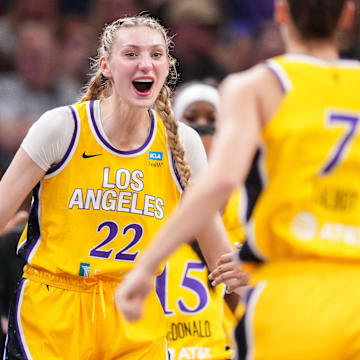 Los Angeles Sparks forward Cameron Brink (22) yells in excitement Tuesday, May 28, 2024, during the game at Gainbridge Fieldhouse in Indianapolis. The Los Angeles Sparks defeated the Indiana Fever, 88-82.