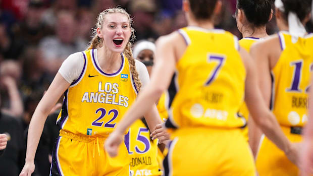 Los Angeles Sparks forward Cameron Brink (22) yells in excitement Tuesday, May 28, 2024, during the game at Gainbridge Fieldh